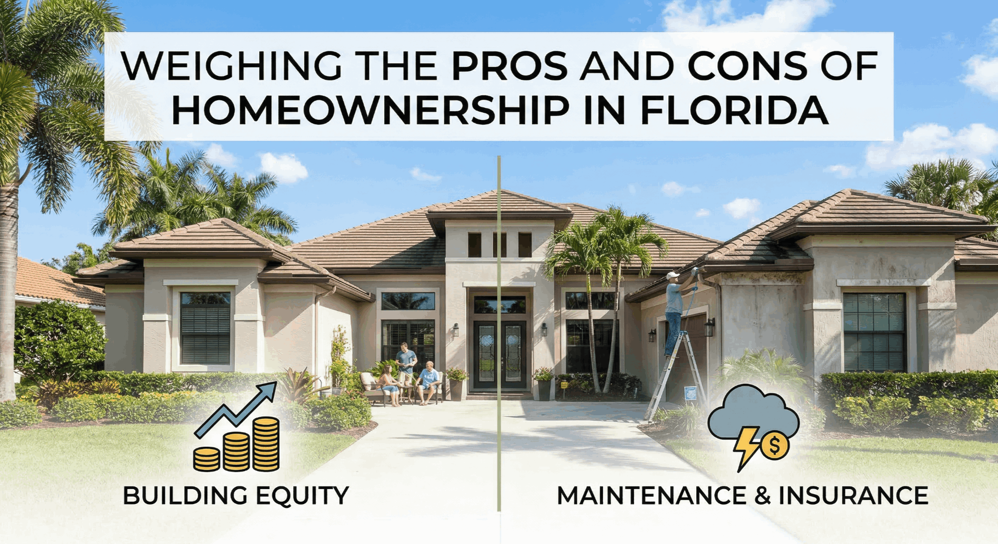 A split-screen graphic with the title "WEIGHING THE PROS AND CONS OF HOMEOWNERSHIP IN FLORIDA". The left side, representing pros, shows a happy family on a patio with an icon of stacked coins and an upward arrow, labeled "BUILDING EQUITY". The right side, representing cons, shows a man on a ladder cleaning gutters with an icon of a storm cloud, lightning, and a dollar sign, labeled "MAINTENANCE & INSURANCE". The background is a sunny Florida home with palm trees.