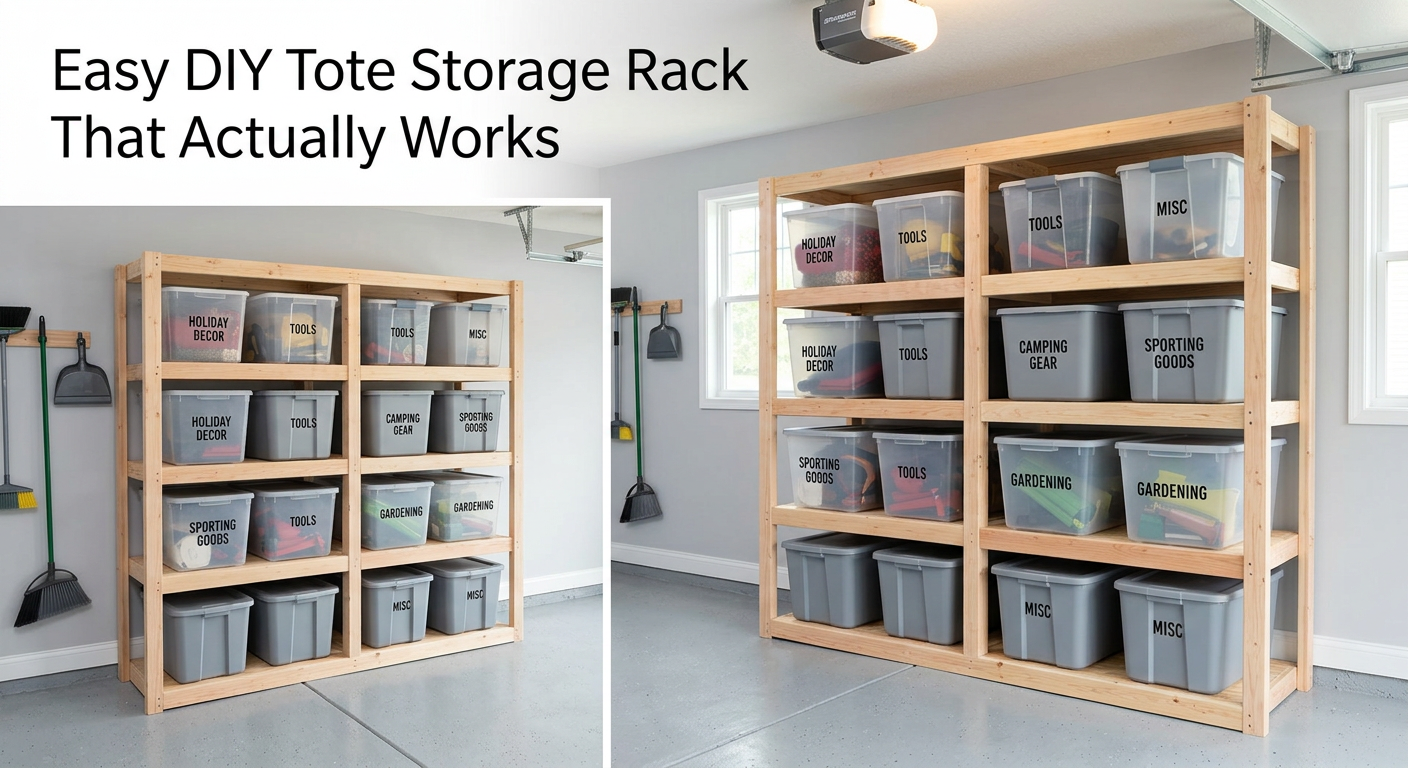clean garage wall with a finished wooden tote storage rack holding labeled plastic bins