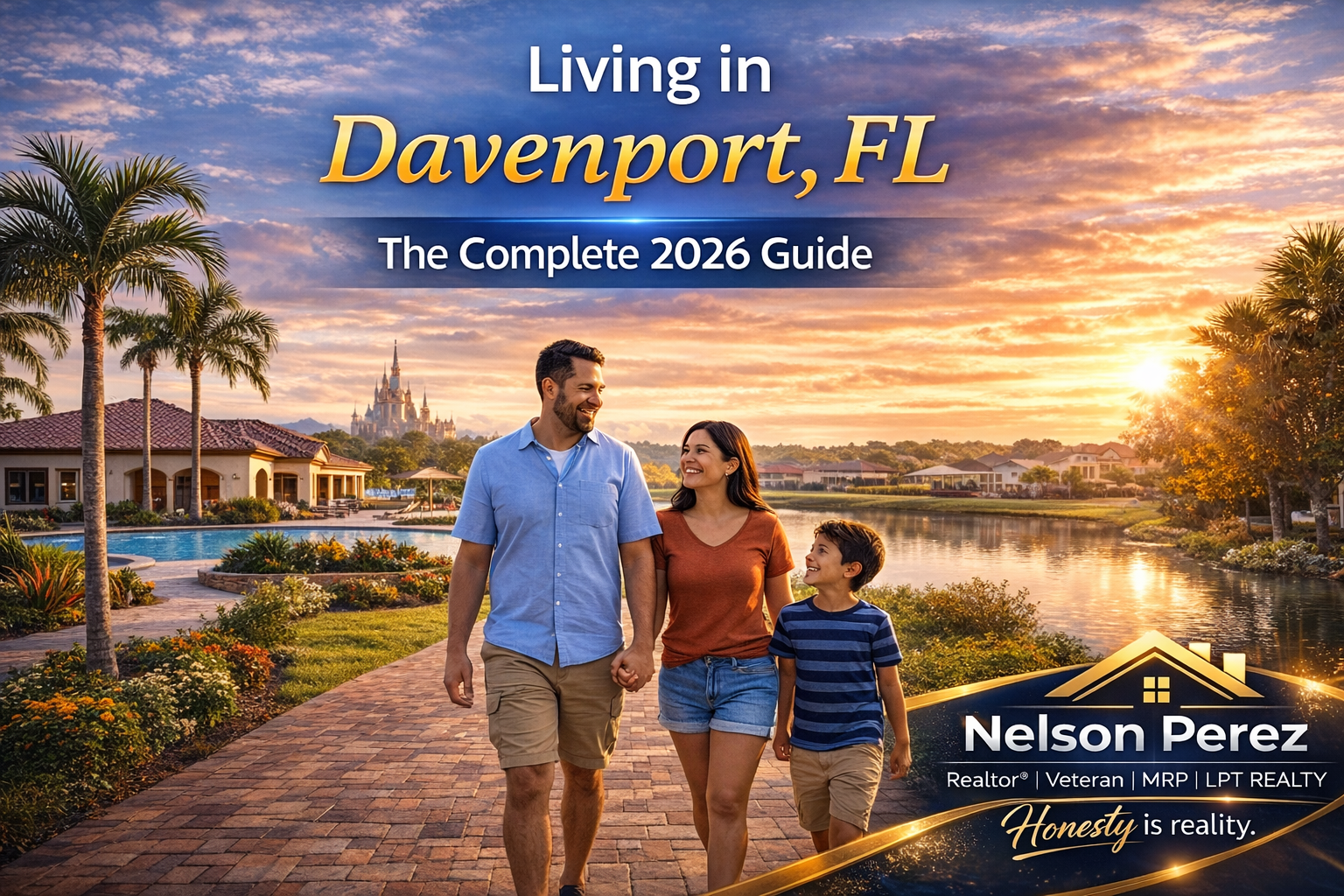 image for “Living in Davenport, FL: The Complete 2026 Guide.” A family walks together along a brick pathway beside a scenic lake at sunset in a Florida residential community. Palm trees, landscaped gardens, and modern homes surround the waterfront, creating a warm and welcoming neighborhood atmosphere. Large headline text appears above the scene, and a gold real estate badge in the bottom right corner displays the branding “Nelson Perez – Realtor® | Veteran | MRP | LPT Realty – Honesty is reality.” The image represents family life, community, and the appeal of living in Davenport, Florida.