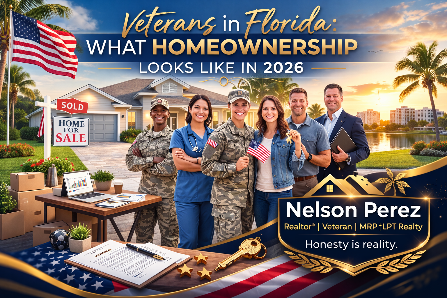 “Veterans in Florida: What Homeownership Looks Like in 2026.” The scene shows diverse women veterans representing different branches of the U.S. military standing proudly in front of a Florida suburban home with a “Sold” sign and American flags. Palm trees and a warm sunset skyline reflect the Florida setting. The image symbolizes military service, pride, and the dream of homeownership for veterans. In the bottom right corner, a gold real-estate style badge displays the branding “Nelson Perez – Realtor® | Veteran | MRP | LPT Realty – Honesty is reality.” The overall design highlights veteran homeownership and real estate opportunities in Florida.