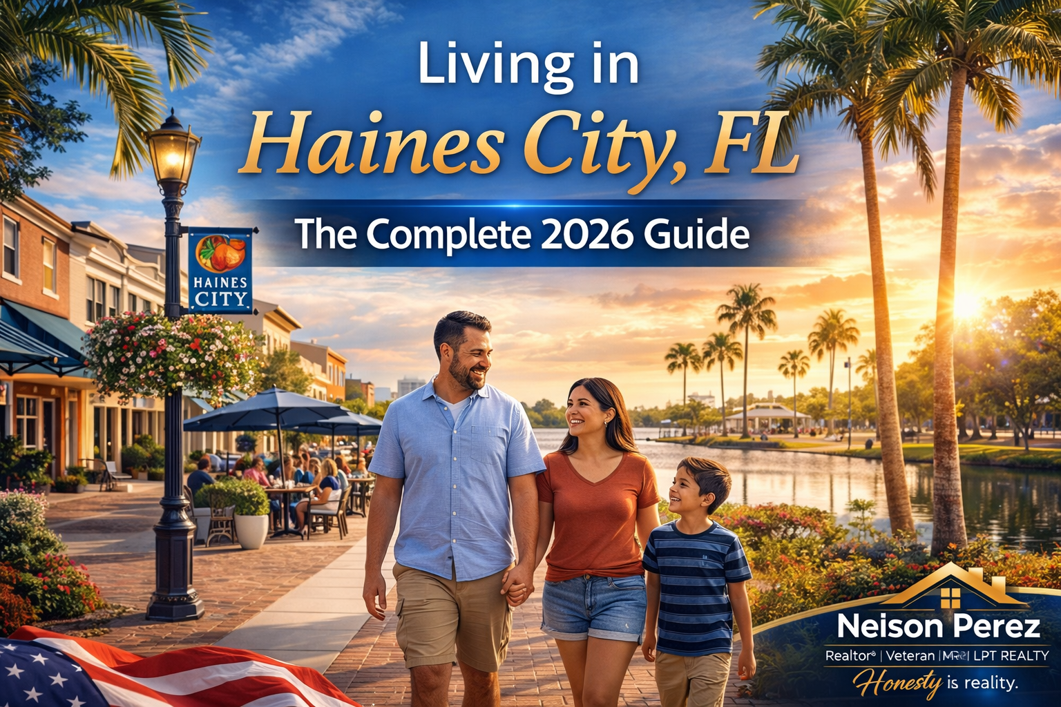 image for “Living in Haines City, FL: The Complete 2026 Guide.” A smiling family walks along a brick-paved waterfront promenade lined with palm trees at sunset. Outdoor dining, landscaped flower beds, and a lakefront view create a warm, inviting small-town Florida atmosphere. A street banner reads “Haines City,” and large headline text across the sky announces the guide title. In the bottom right corner, a branded real estate badge reads “Nelson Perez, Realtor® | Veteran | MRP | LPT Realty — Honesty is reality.”