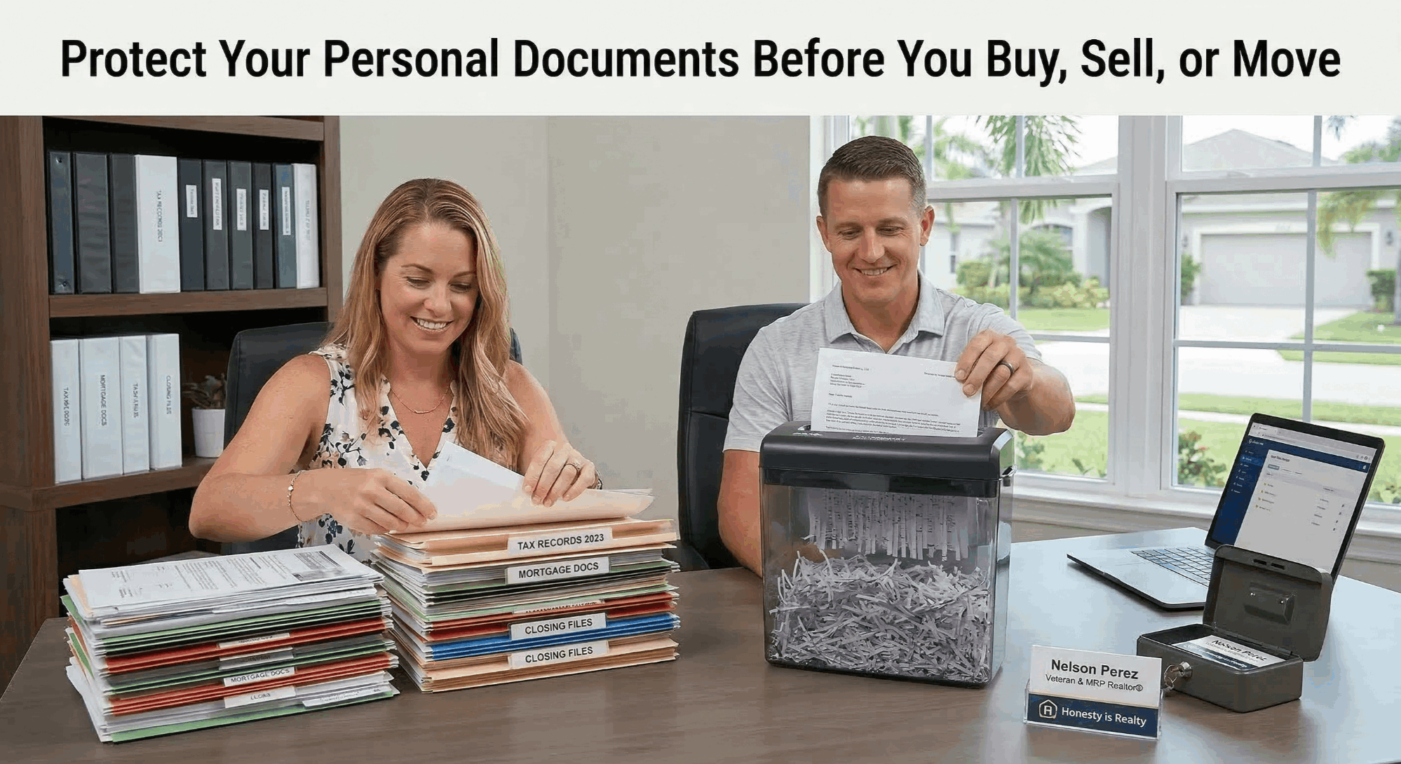 A photograph of a man and a woman sitting at a desk in an office. The woman is sorting through a large stack of file folders labeled with terms like "TAX RECORDS 2023", "MORTGAGE DOCS", and "CLOSING FILES". The man is feeding a document into a clear-bin paper shredder filled with shredded paper. A laptop, a small lockbox, and a nameplate for "Nelson Perez, Veteran & MRP Realtor®" are on the desk. A bookshelf and a window with a view of a suburban street are in the background. A text banner at the top reads: "Protect Your Personal Documents Before You Buy, Sell, or Move".