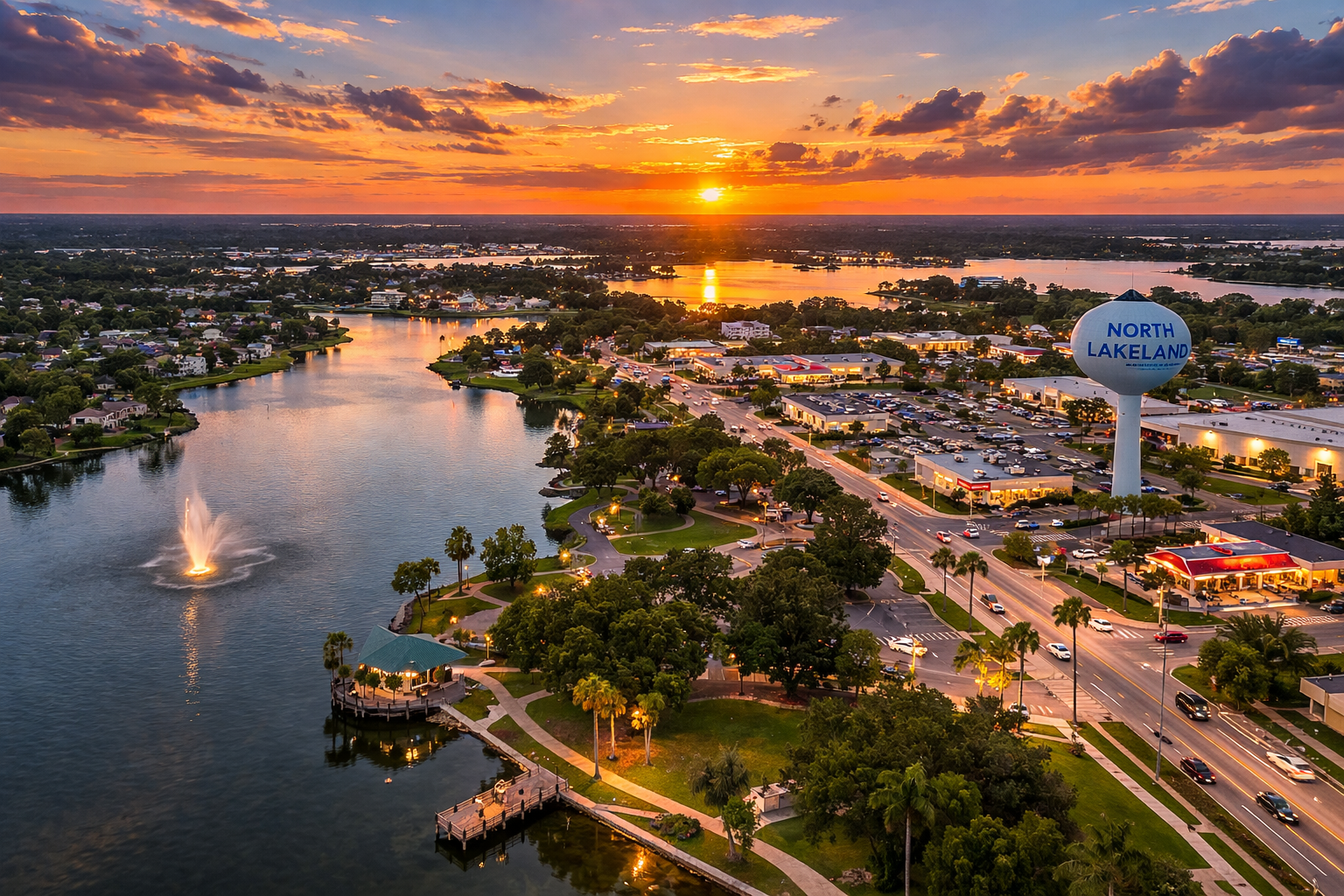 An aerial photograph of North Lakeland, Florida, at sunset, featuring a lake with a fountain, a park, and a prominent water tower with the text 'NORTH LAKELAND' visible. The sky is filled with warm orange and purple clouds.
