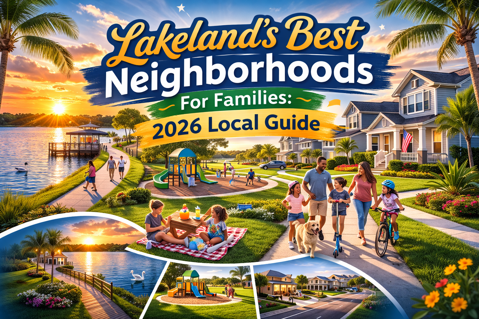 Illustration of a family-friendly Lakeland, Florida neighborhood with a lakeside park, playground, walking trails, and suburban homes at sunset, promoting “Lakeland’s Best Neighborhoods for Families: 2026 Local Guide.”