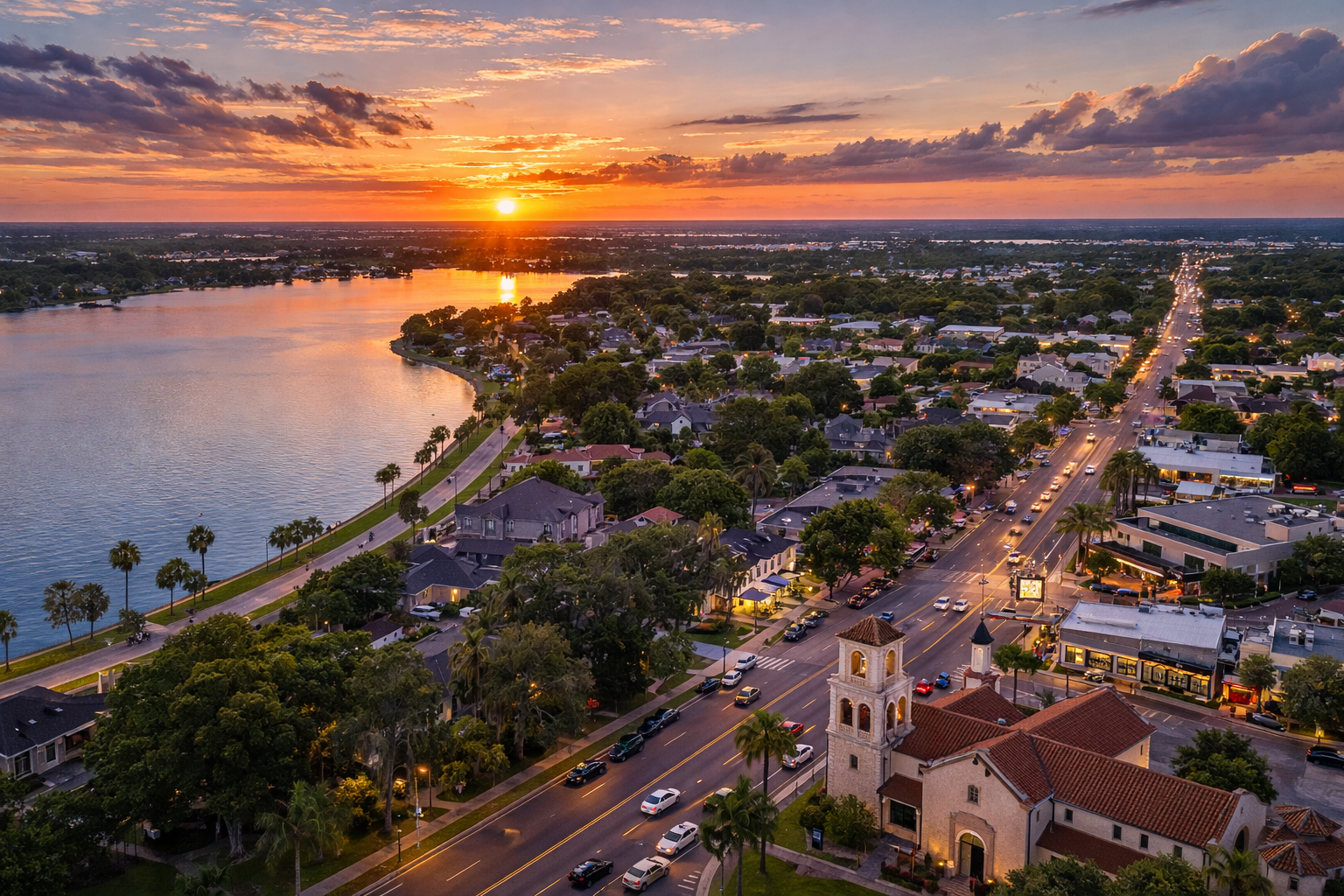 Aerial sunset view of Lake Hollingsworth and the Dixieland district in Lakeland, Florida, featuring the lakeside walking path, historic homes, palm trees, and South Florida Avenue running through the neighborhood.