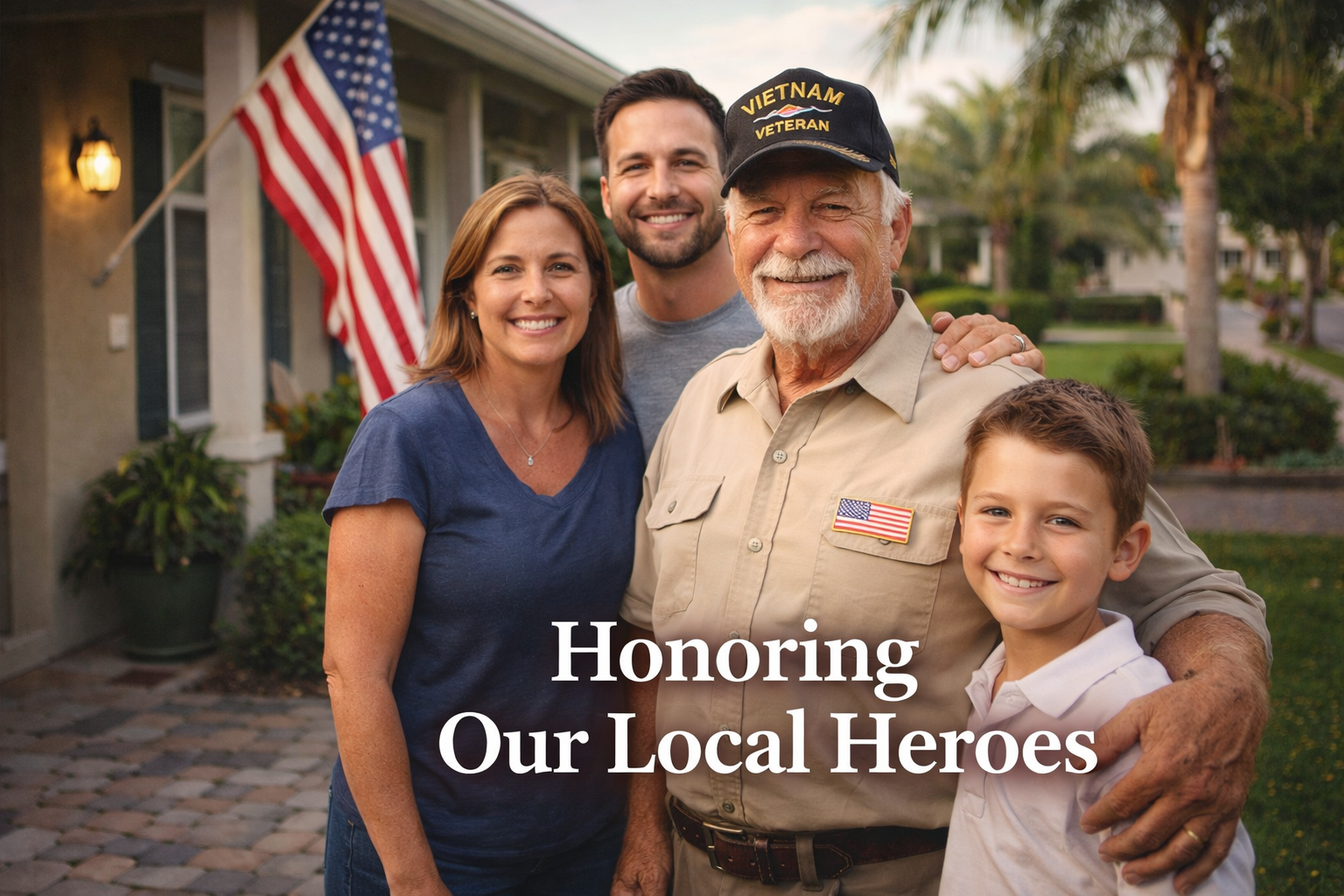 A smiling Vietnam War veteran wearing a “Vietnam Veteran” cap stands proudly with his family outside a suburban home in Central Florida, with an American flag displayed in the background and the text “Honoring Our Local Heroes” overlaid.