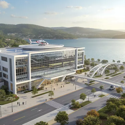 Modern hospital or medical center with helipad and scenic mountain-lake backdrop.