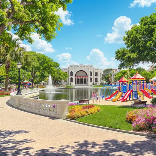 Public park with playground, fountain, and large white building in Lakeland Florida 