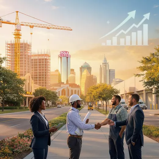 Business people and construction workers shaking hands on a deal in front of a growing city skyline and job site.