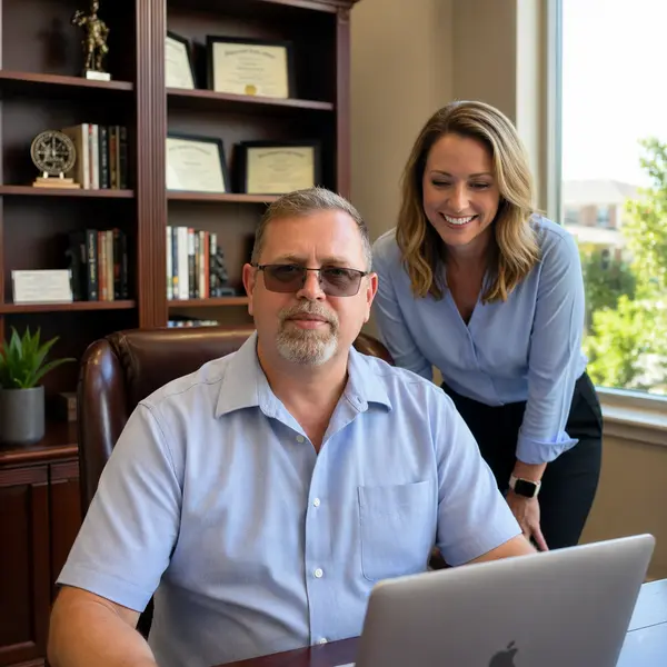 A middle-aged man with short light blonde hair, glasses, and a trimmed gray beard sits at a desk in a professional office, looking at the camera while using a laptop. Behind him, a smiling woman with shoulder-length blonde hair leans slightly forward, looking at the screen. A wooden bookshelf filled with books, awards, and certificates is in the background, with natural light coming through a nearby window.