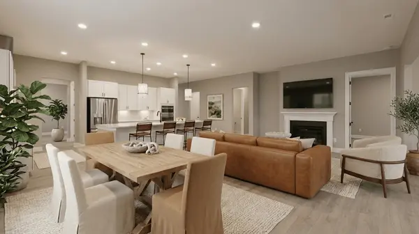 Falls Village, Durham, NC 55+ Community Home with open dining room, living room, and kitchen