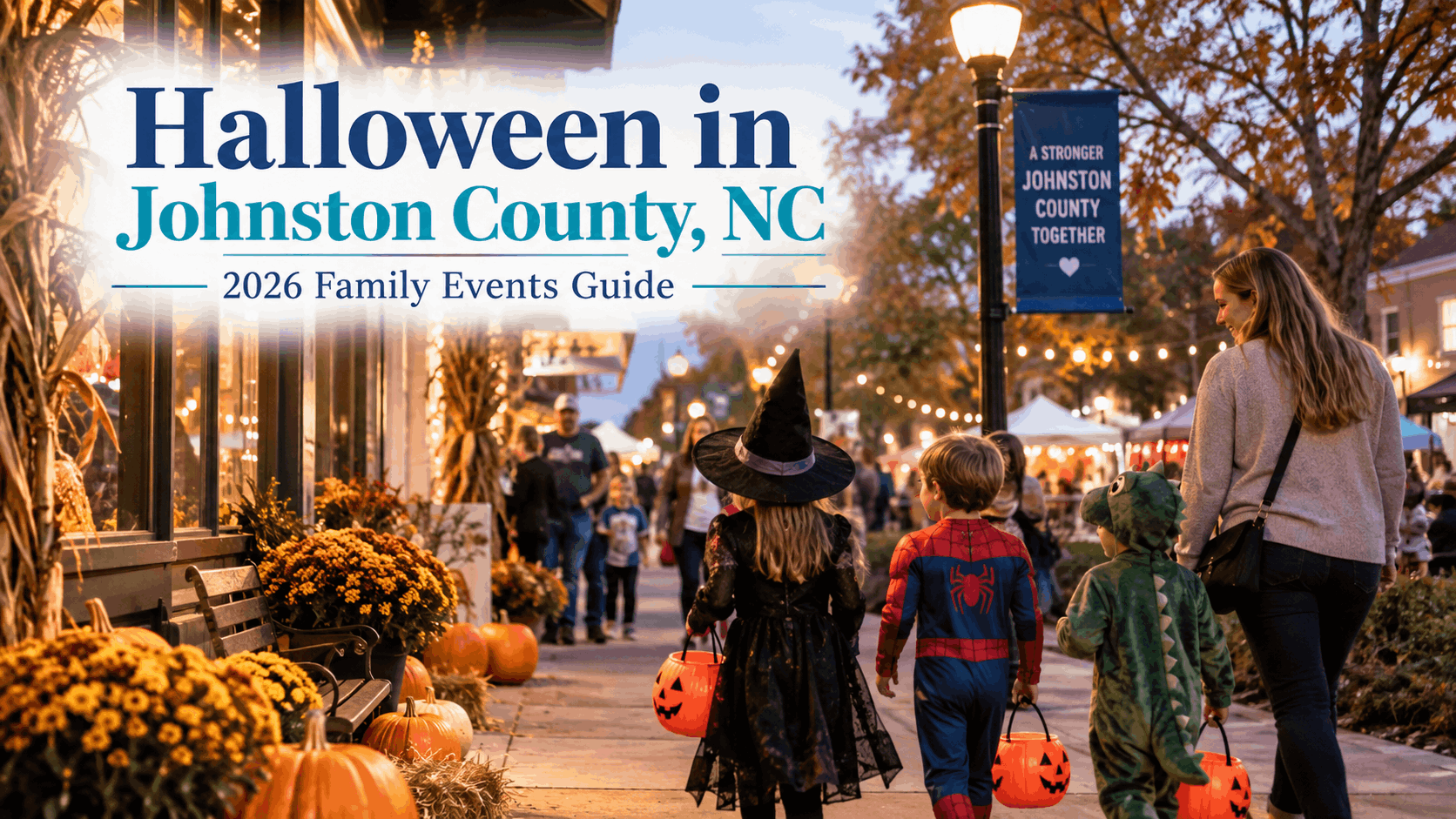 Families in Halloween costumes enjoying a festive fall evening in Johnston County, North Carolina with pumpkins, lights and trick-or-treat activities.