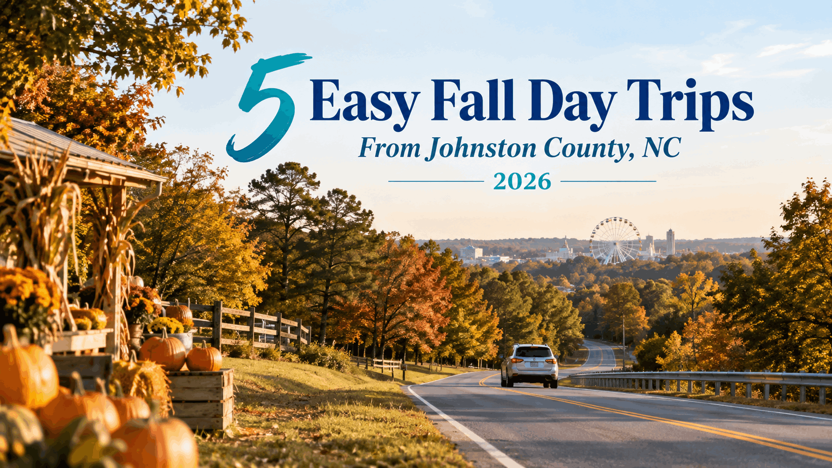 Family enjoying a scenic fall day trip from Johnston County, North Carolina with colorful autumn scenery and a country road.