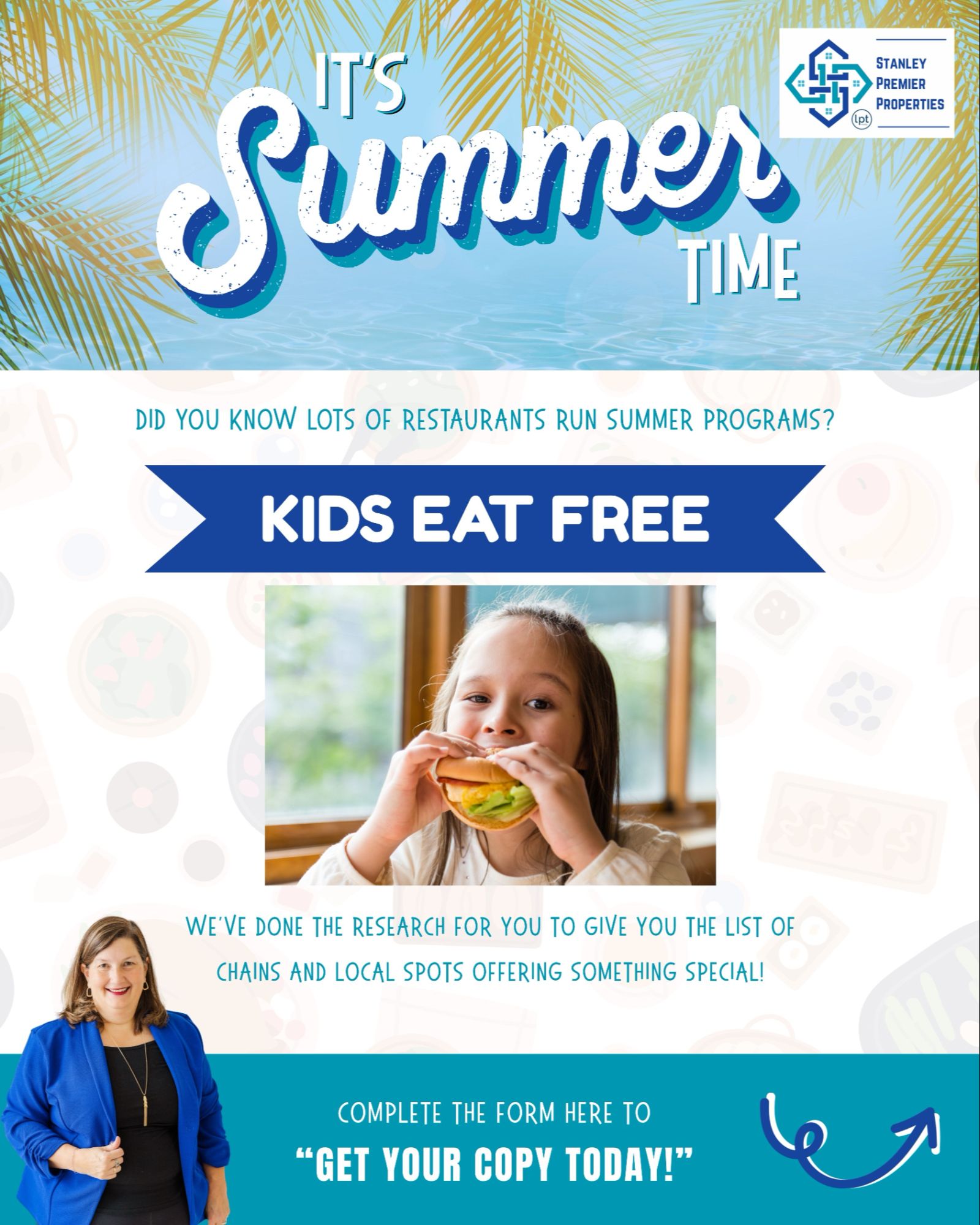 Kids Eat Free Guide graphic featuring colorful summer-style food items and a simple message inviting families to find local meal savings.