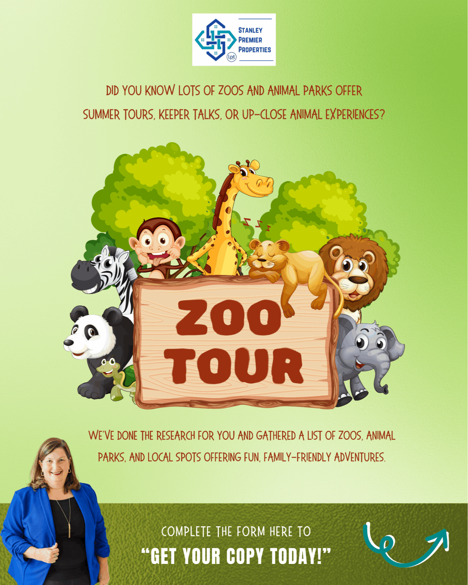 Free Zoo Guide graphic featuring zoo animals and summer family adventure ideas.