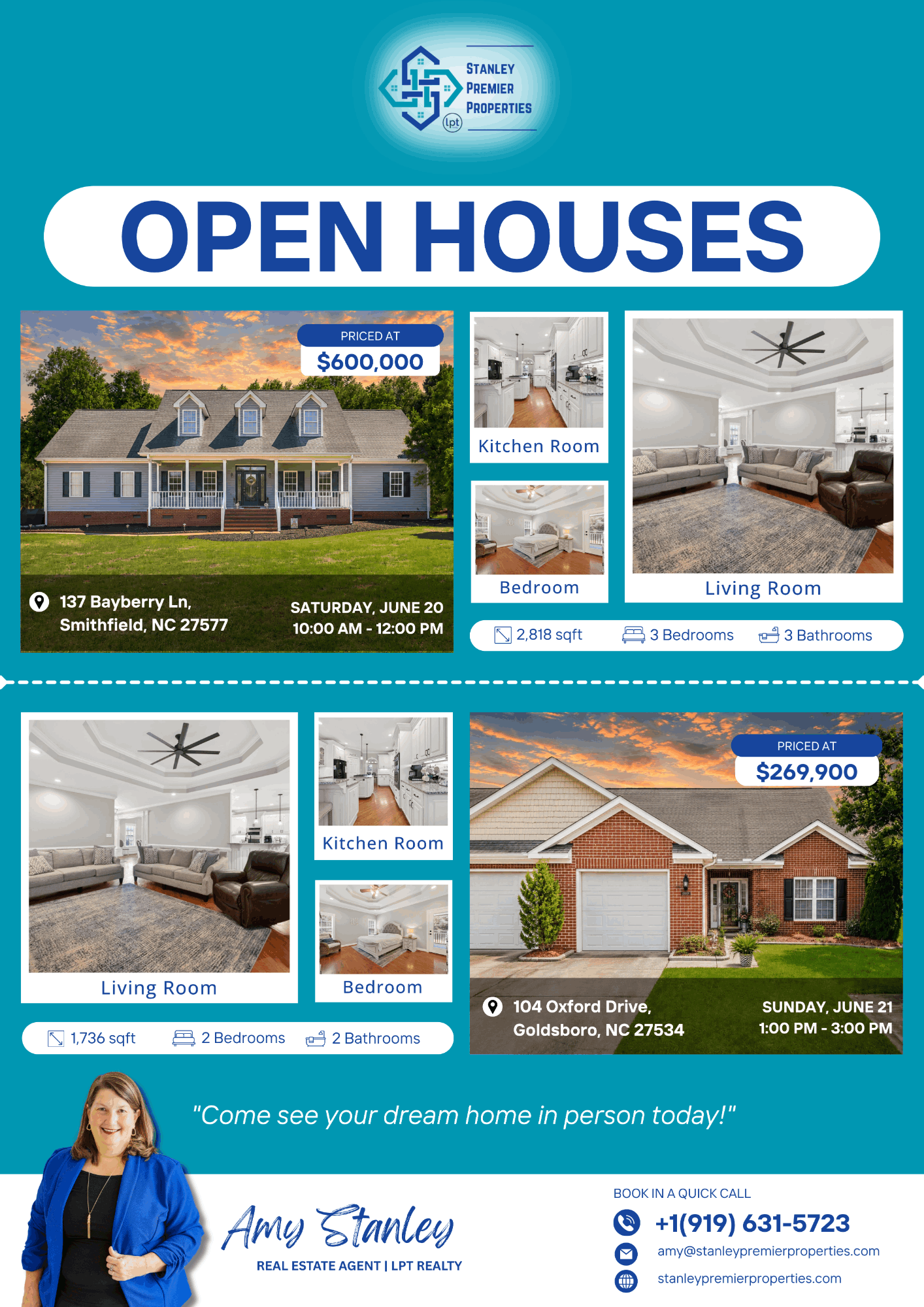 Johnston County open house flyer showcasing 137 Bayberry Lane in Smithfield and 104 Oxford Drive in Goldsboro with weekend tour dates, prices, interior photos, and home features.