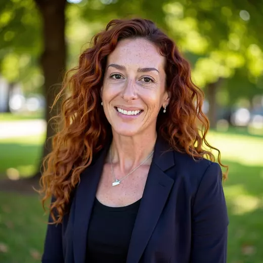 Monika La Vigna, Arizona real estate agent with long curly red hair, wearing a navy blazer and black top, smiling confidently in a sunny park setting.