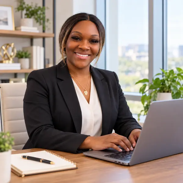 Professional woman working at bright office desk