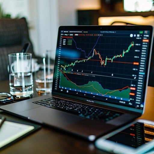 Laptop displaying a financial chart and market data