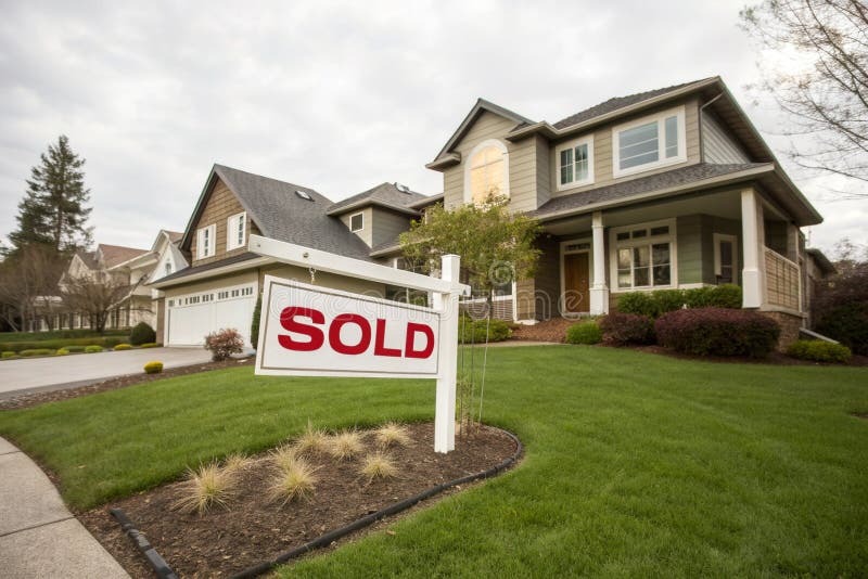 A 'Sold' sign on a suburban lawn in spring