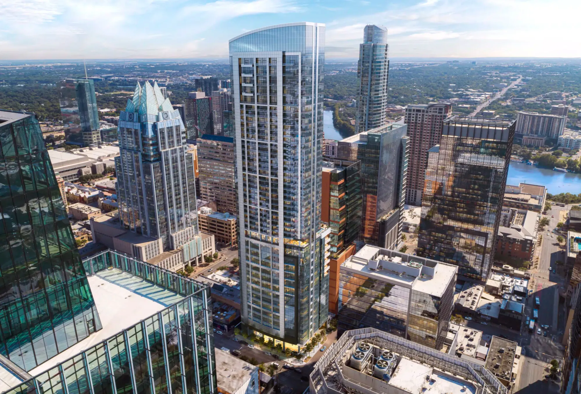 Austin skyline with tech offices at sunset