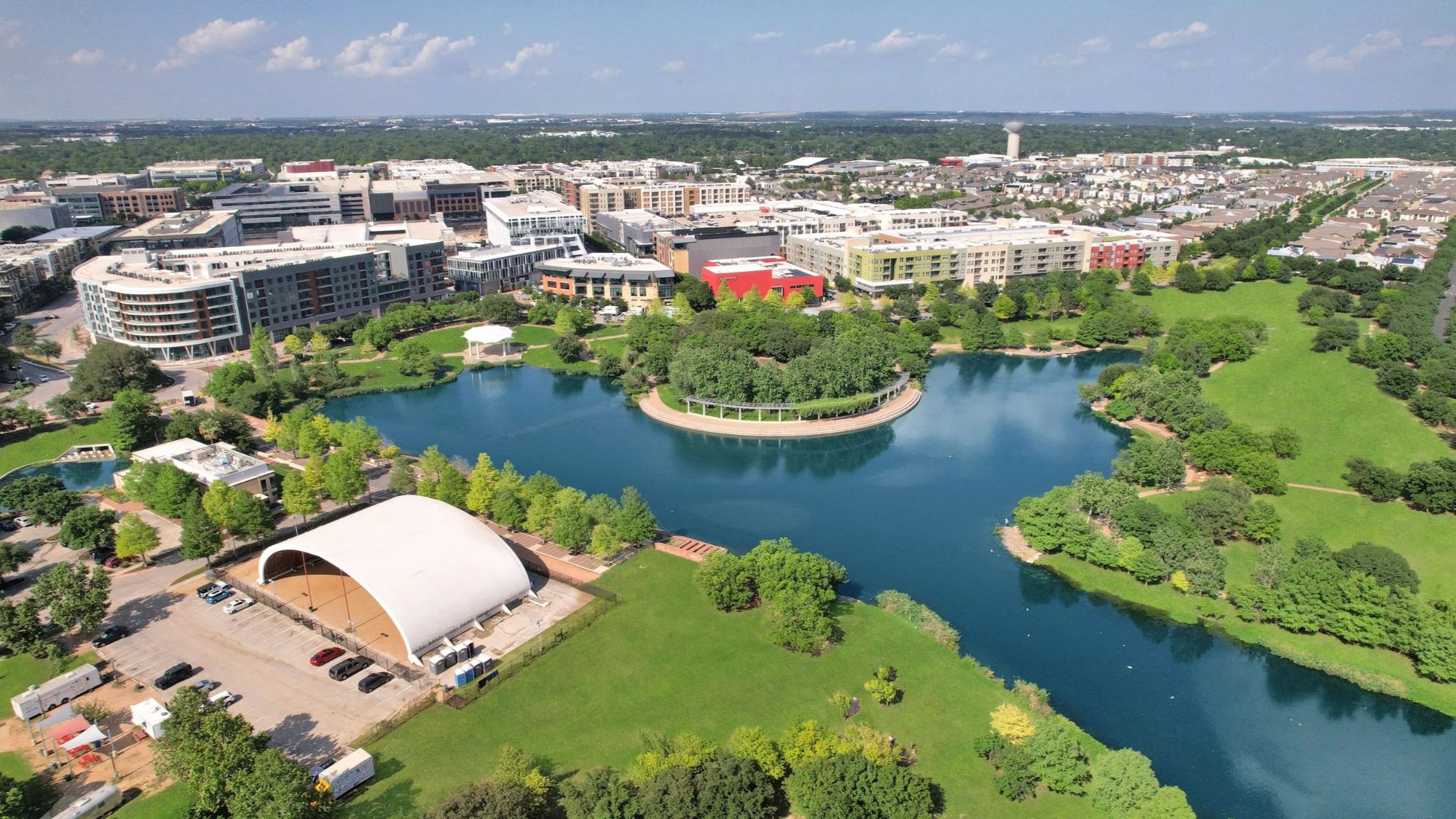 Aerial view of Austin neighborhood with modern housing and green spaces