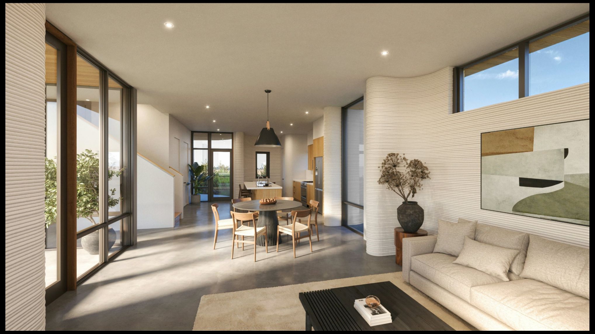 Interior design of a 3D-printed home by ICON in Mueller