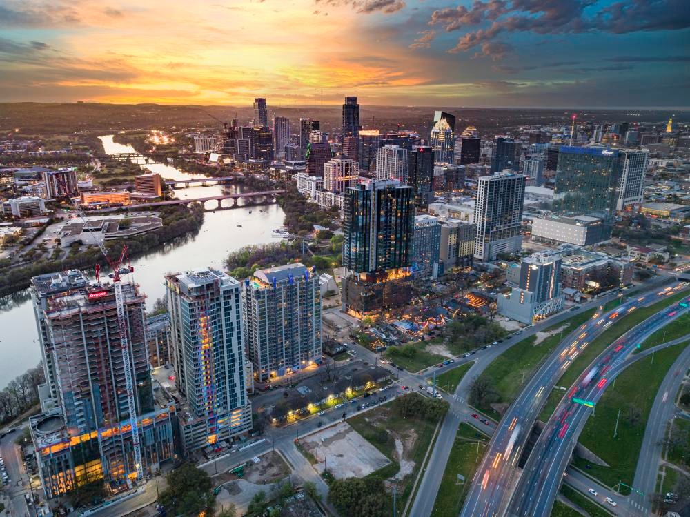 Panoramic view of Austin neighborhoods at sunset