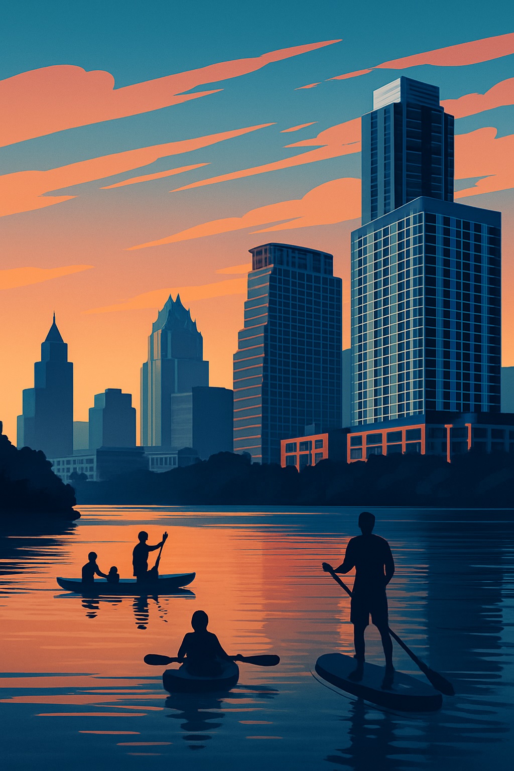 Austin skyline with paddleboarders