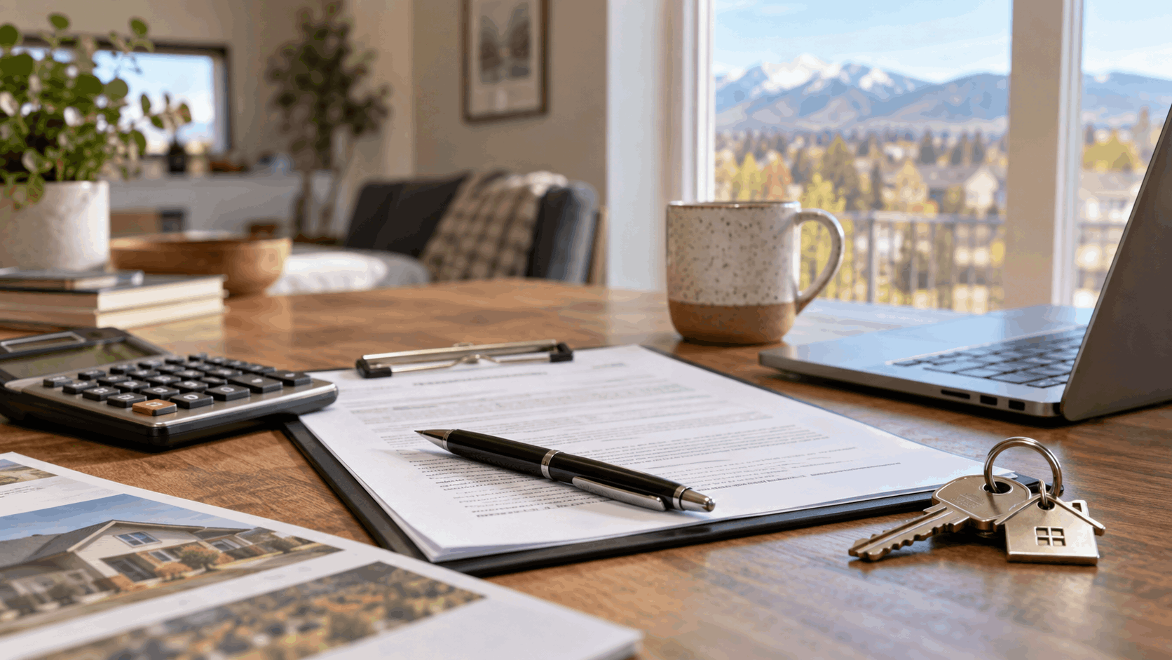 Colorado rental property paperwork, keys, calculator and laptop