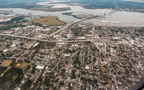 Aerial view of Charleston, South Carolina and the Arthur Ravenel Jr. Bridge