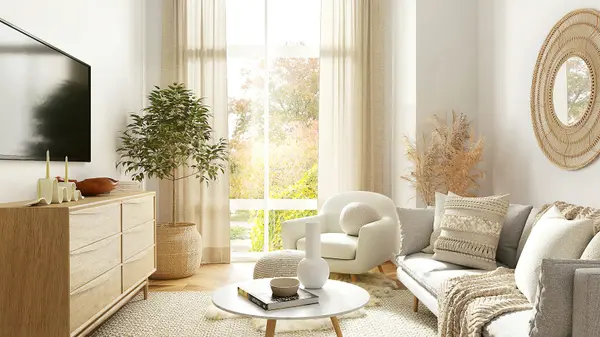 Bright staged living room with natural light
