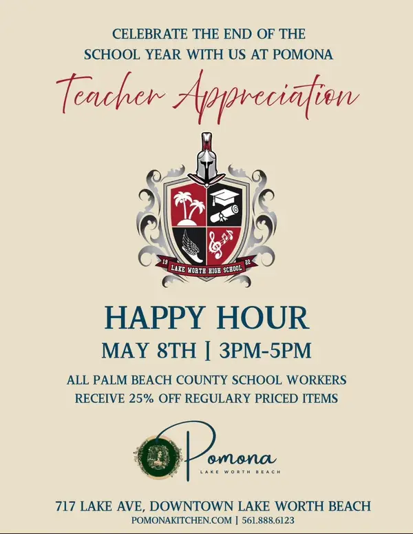  Teacher Appreciation Happy Hour in Lake Worth Beach (May 8, 2026)
