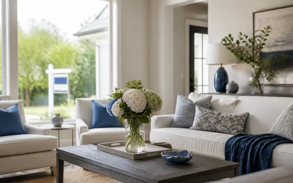 A bright, decluttered living room staged for sale in a San Antonio home