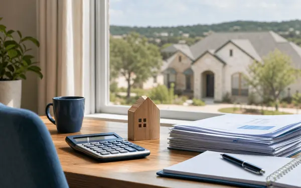 A homeowner's desk with a calculator and paperwork, overlooking a Central Texas home through the window