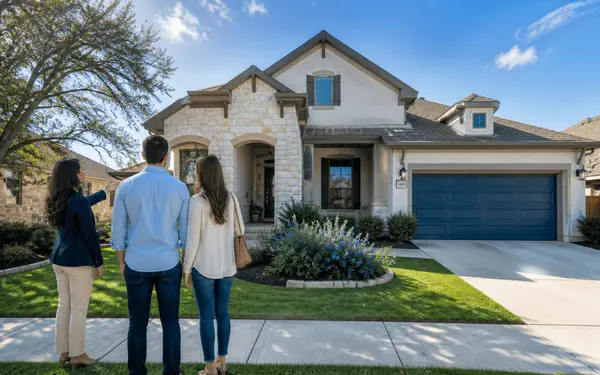 Prospective home buyers viewing a San Antonio house exterior with their real estate agent