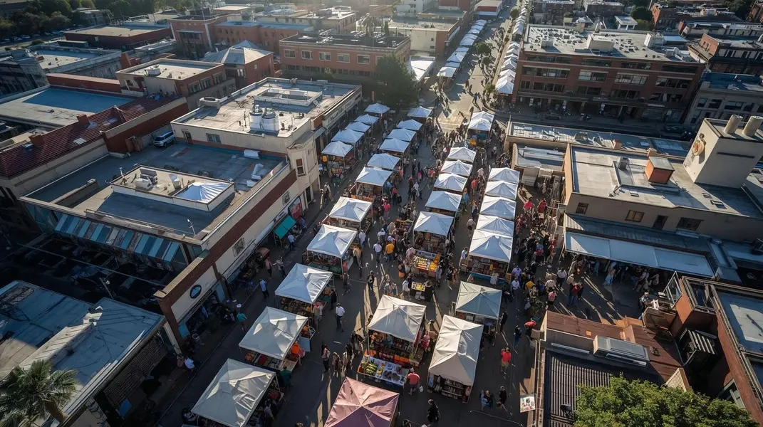 an aerial view of downtown la mesa ca during a busy farmer's market
