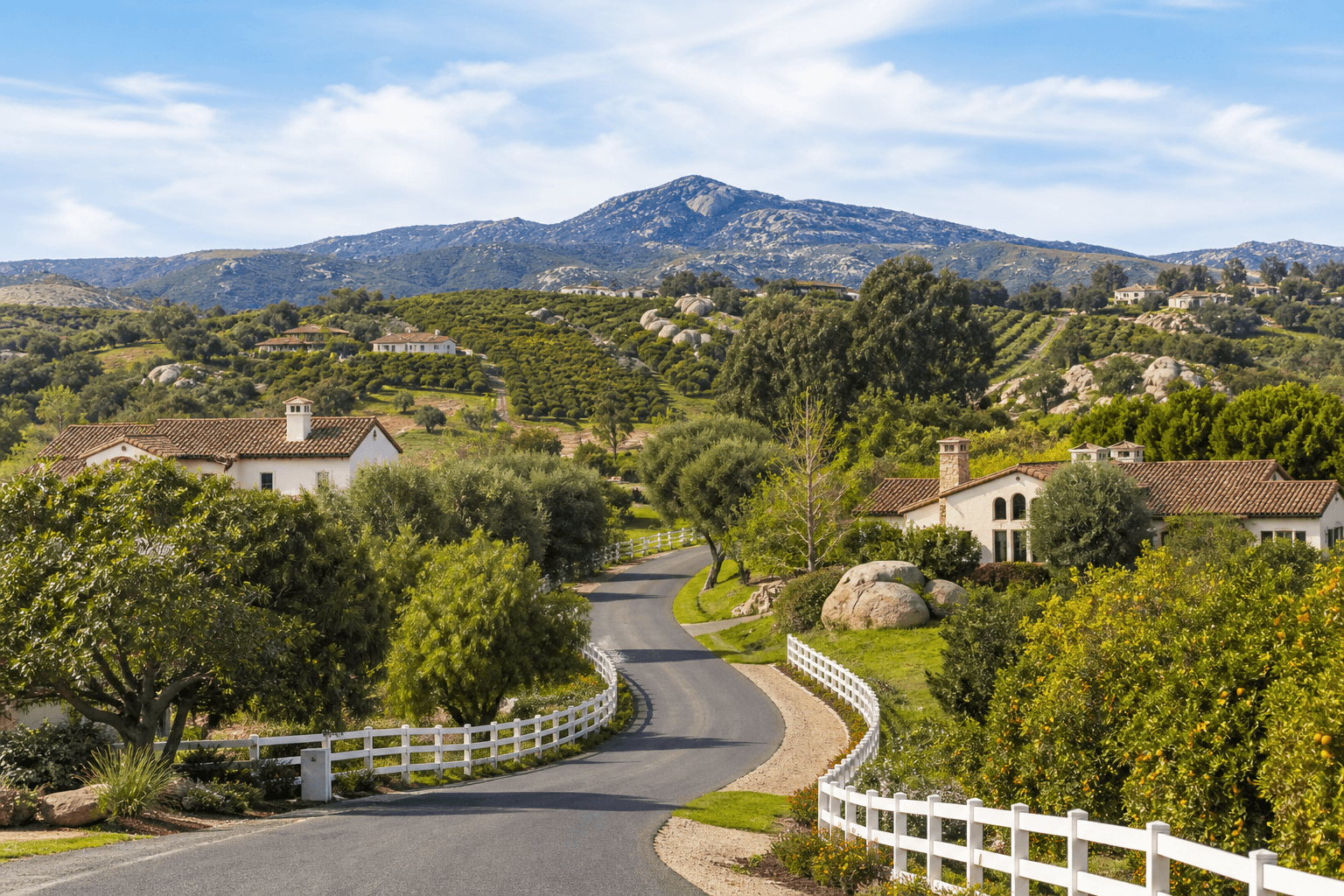 Large-lot Spanish-Mediterranean and ranch homes on a Fallbrook residential lane