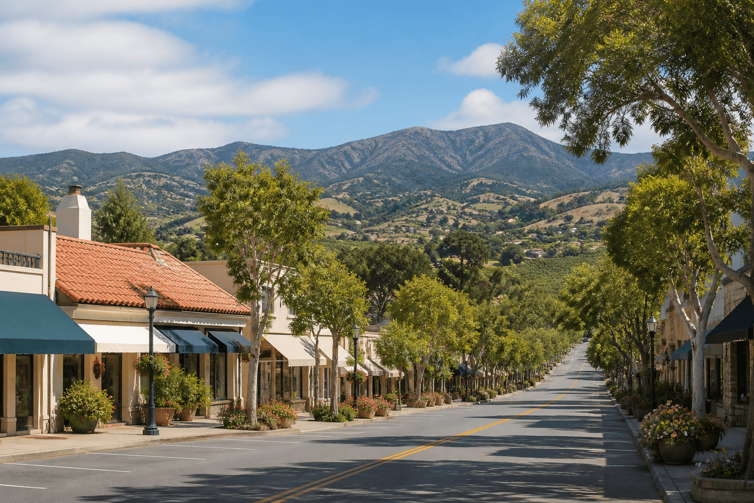 A quiet small-town main street in Fallbrook, California