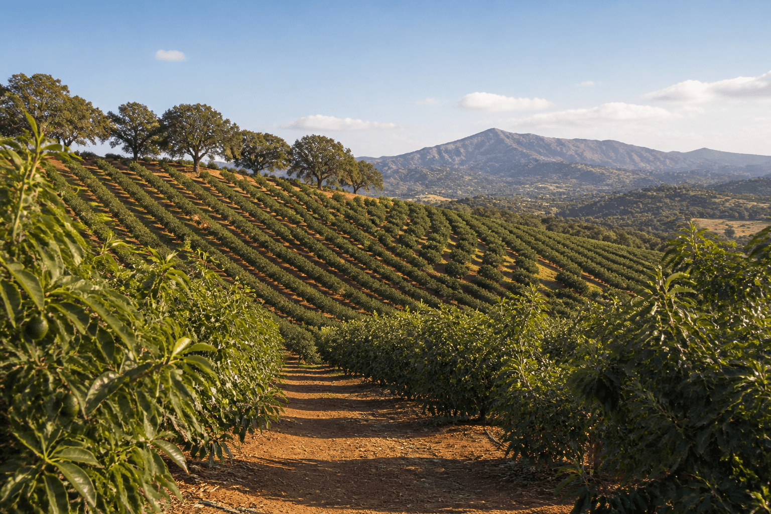 Rows of mature avocado trees on a Fallbrook hillside