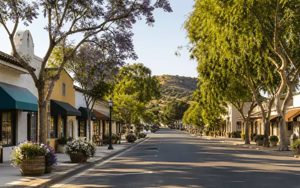 Tree-shaded main street in the village of Fallbrook, California
