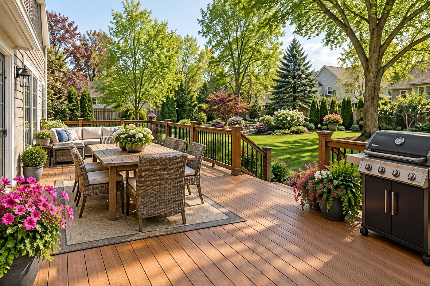 Backyard cedar deck with dining table and barbecue grill