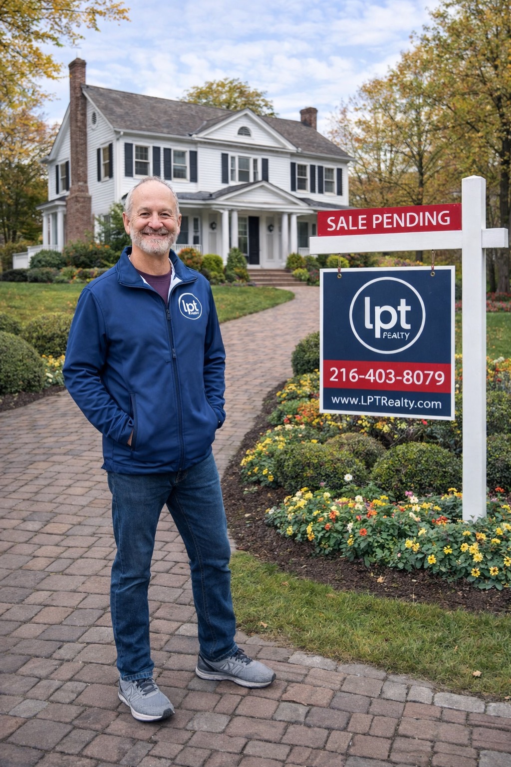 David Margolis beside his LPT Realty sale pending sign outside a home