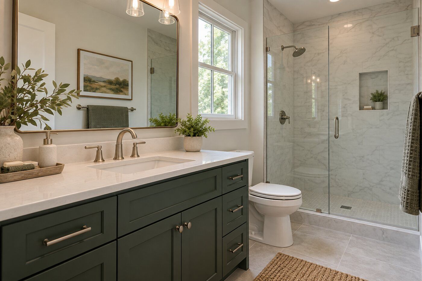 Guest bathroom with green vanity and tile shower