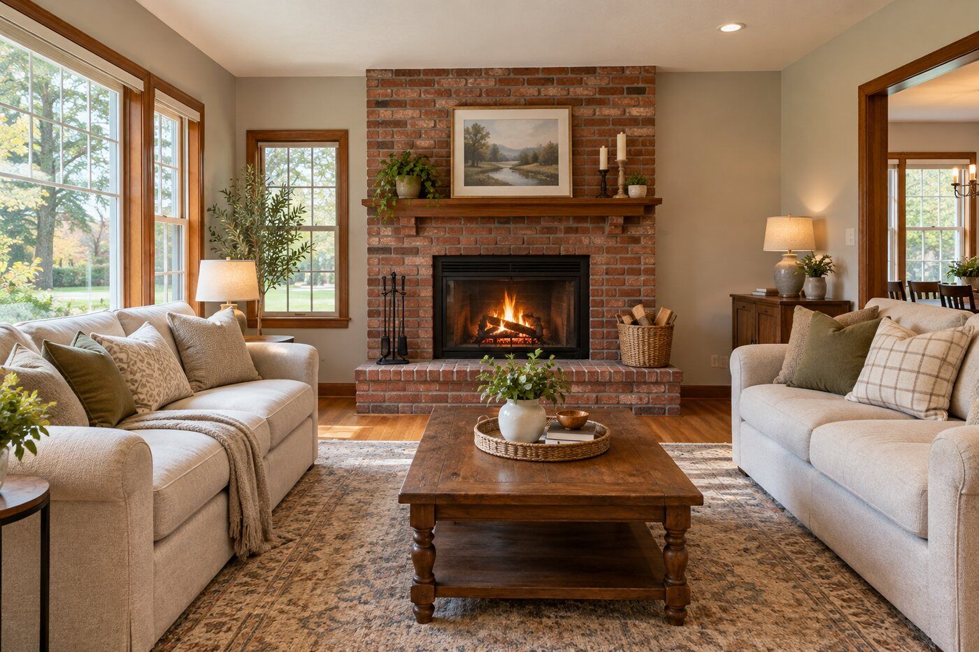 Family room with brick fireplace