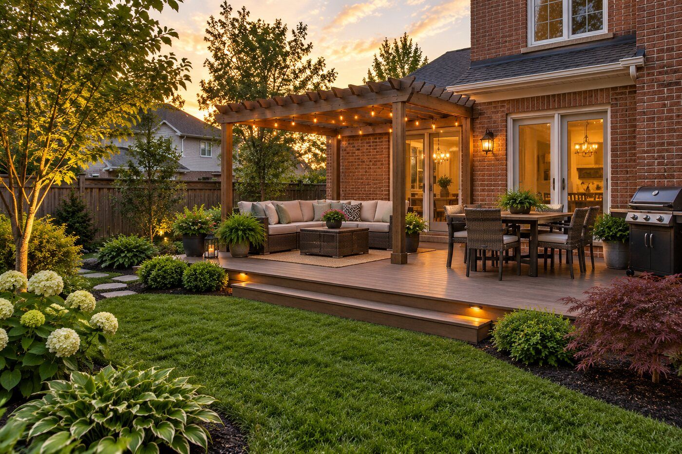 Brick home backyard with deck, pergola, and barbecue grill