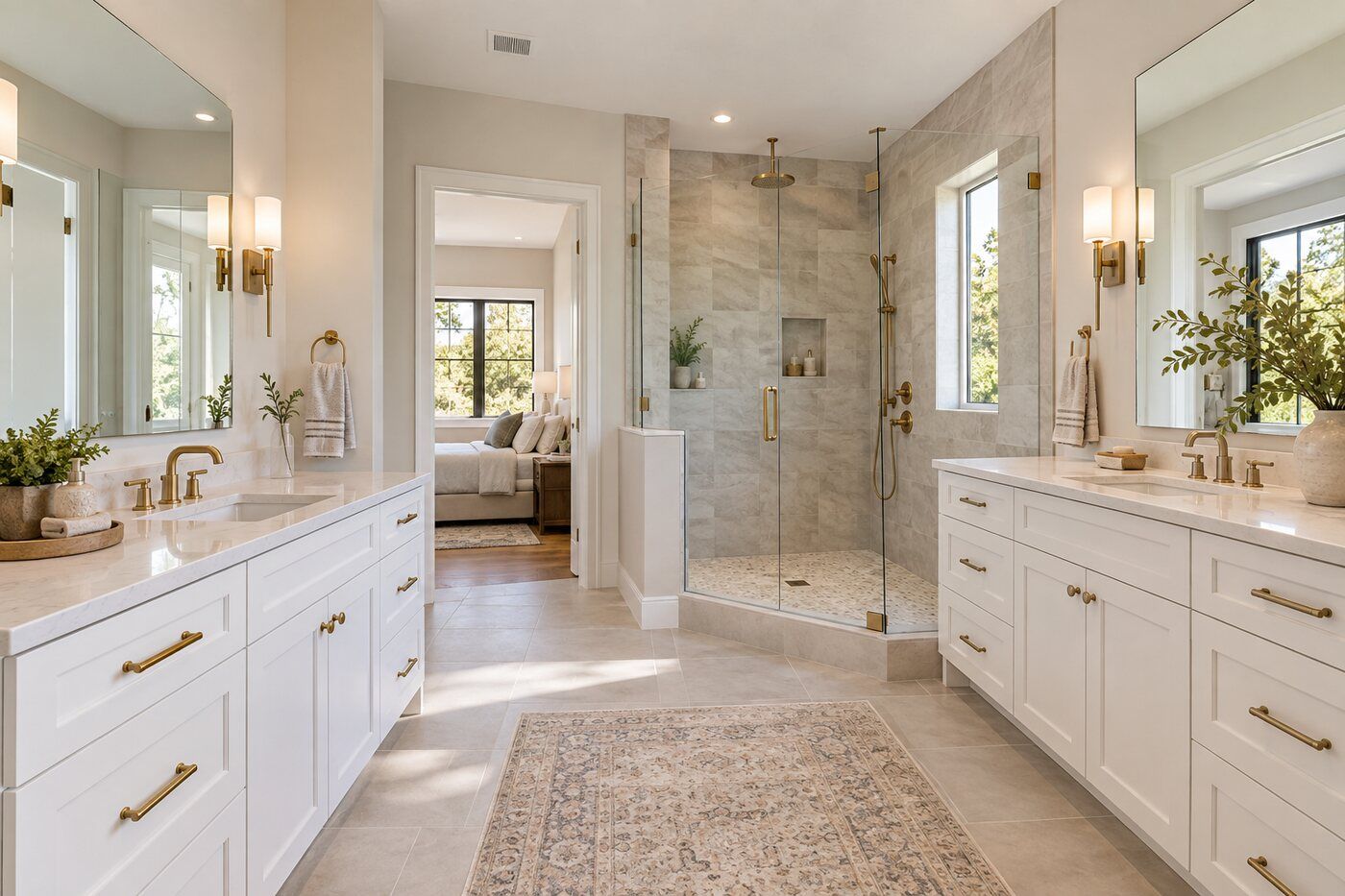 Bright bathroom with double vanity and glass shower