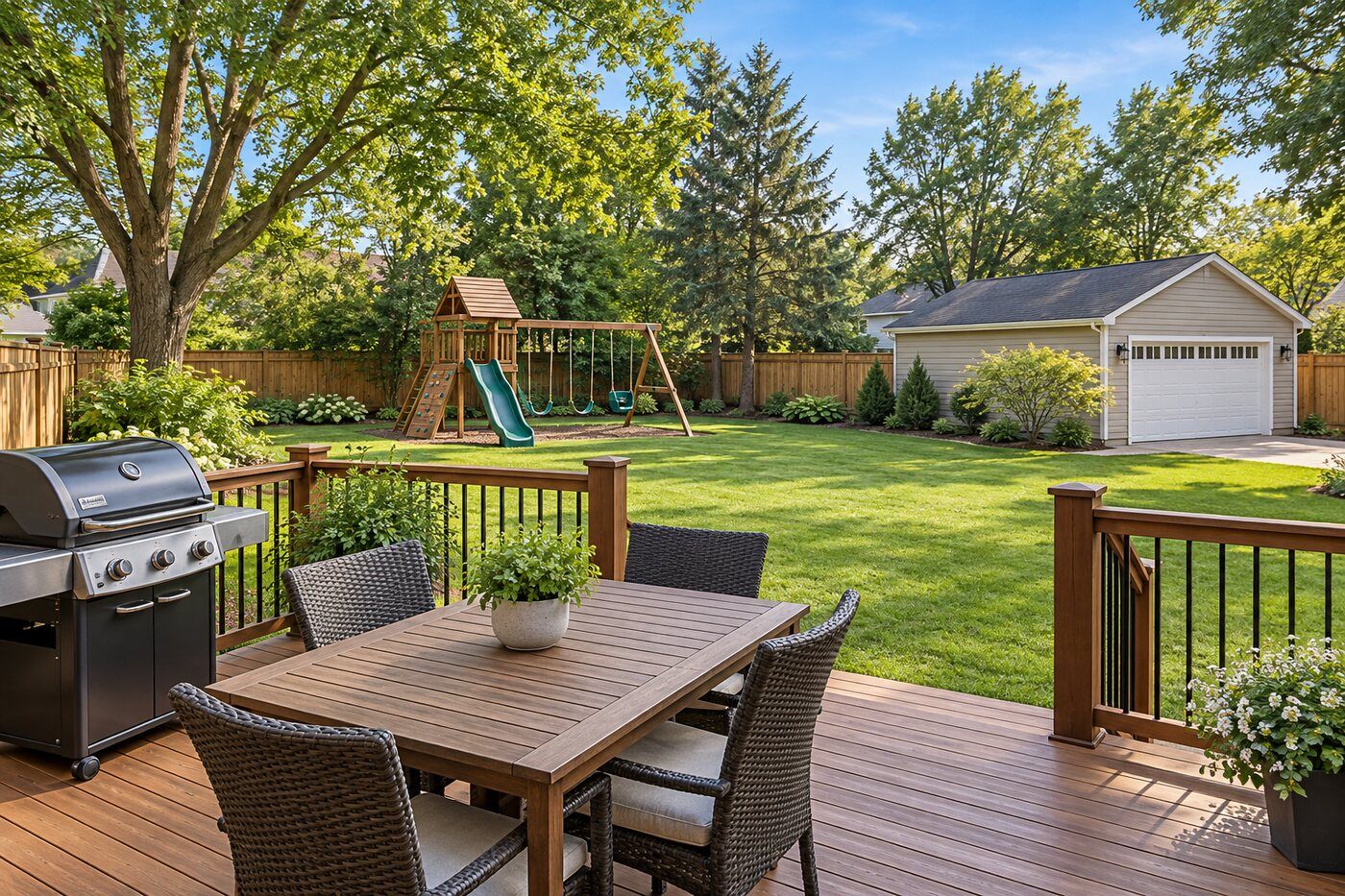 Family backyard with deck, grill, and swing set