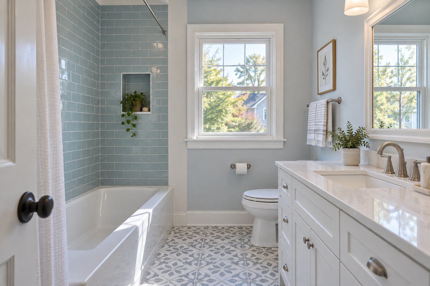 Family bathroom with blue tile and bathtub