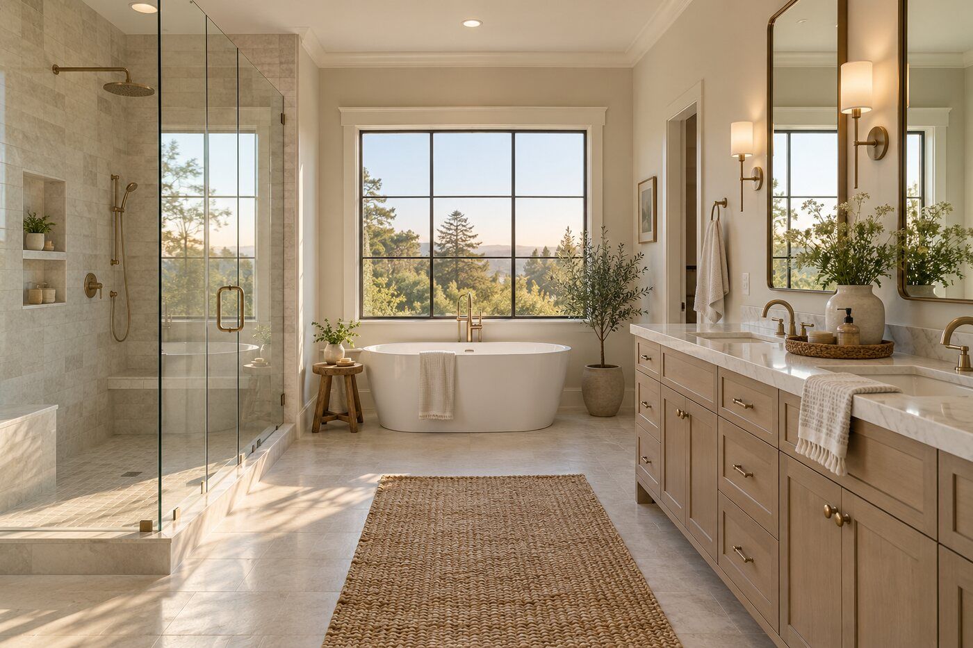 Primary bathroom with stone shower and tub